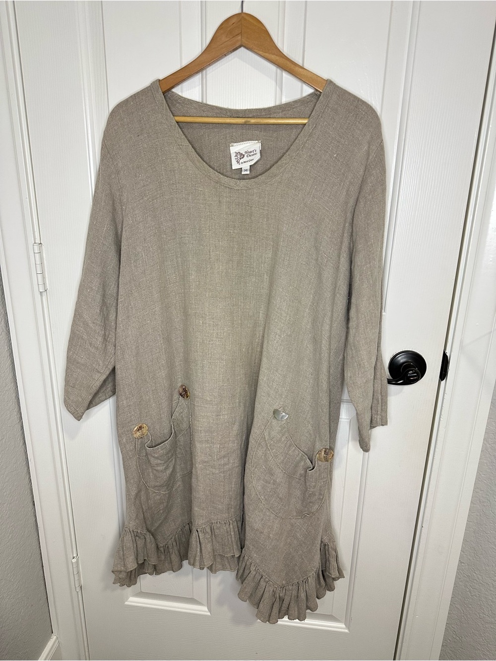 Heart’s Desire By Mary Gate Creme Tan Linen Chore Pocket Oversized Mini Dress M